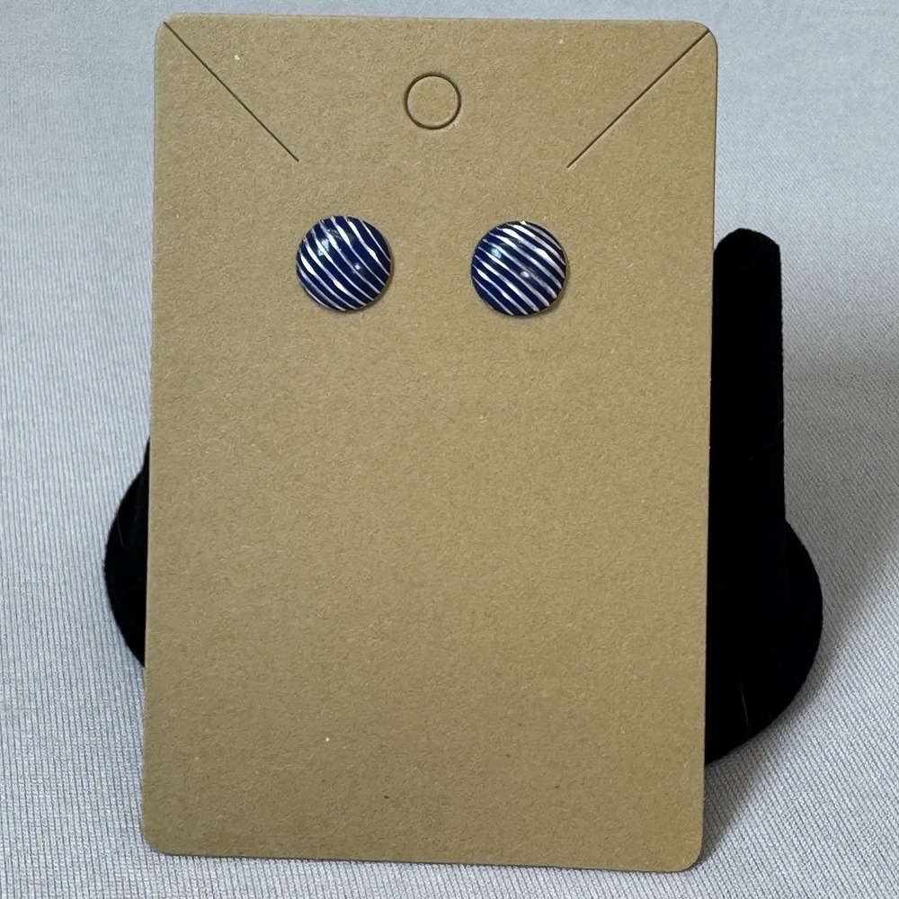 Vintage Blue & Silver Striped‎ Round Earrings